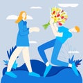 Guy gives a bouquet to girl. Flat design element love concept design element stock